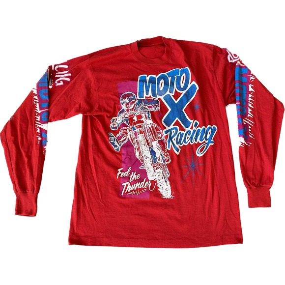 Vintage 80s 90s Moto X Motocross Racing XL L/S Red Double Sides Shirt VTG - Picture 1 of 8